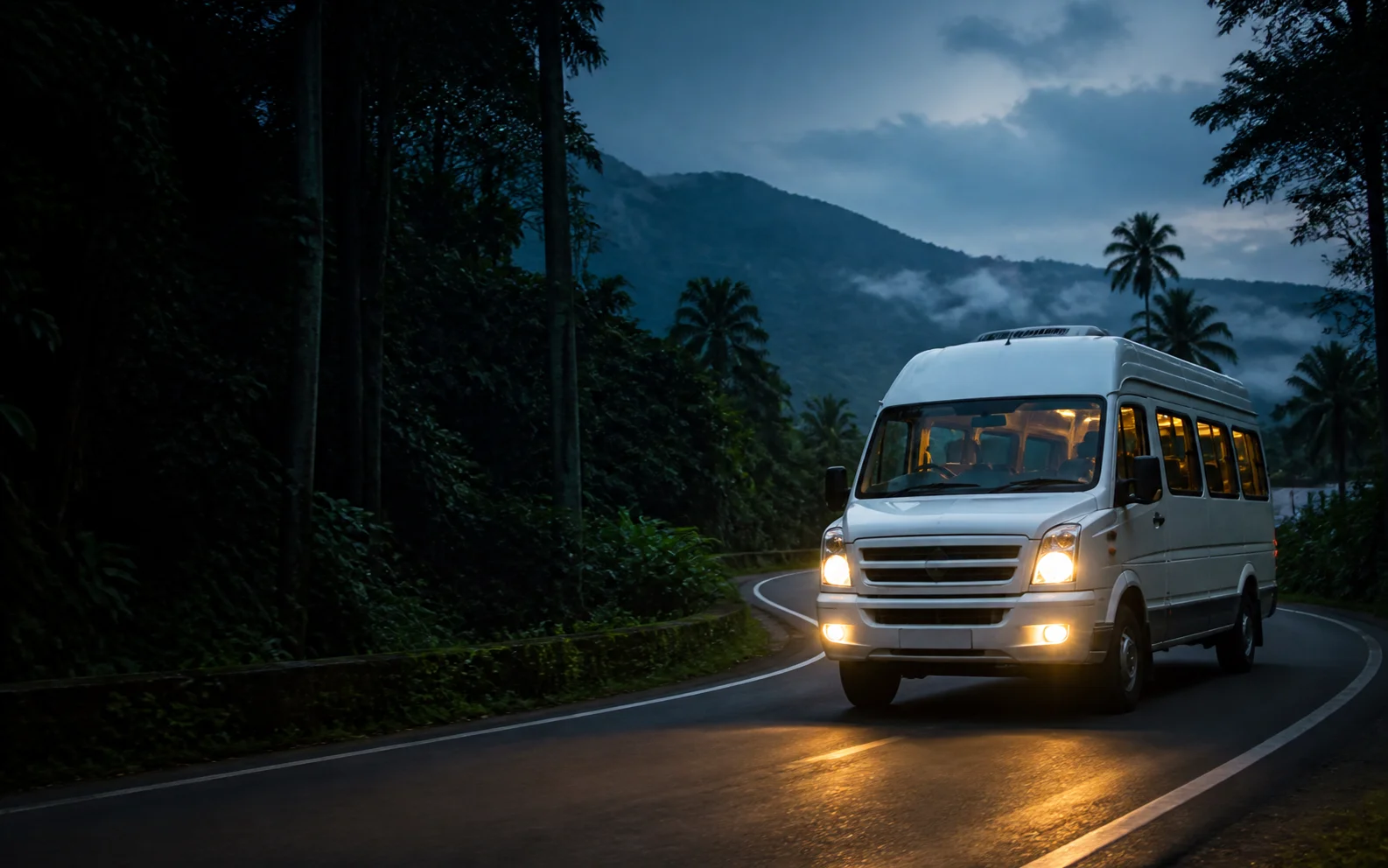 A scenic tour package journey on a Kerala mountain road at dusk
